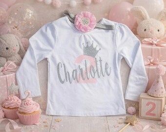 2.Geburtstags-Mädchen-Shirt, Prinzessin-Geburtstags-Outfit, personalisiertes Namensshirt, Kleinkind-Mädchen-Geburtstags-Top, Silberkrone-Geburtstags-Shirt
