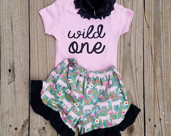 Wild One Pigs Girl's Birthday Outfit, 1st Smash Cake Sets, Animal Print Bday Clothing, Livestock Themed Birthday, Western Country Clothing