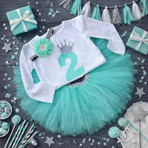Turquoise 2nd Birthday Outfit Girl, Second Birthday Tutu Set, Princess Birthday Shirt & Tutu, Toddler Girl Birthday Outfit, Mint and Silver image 1