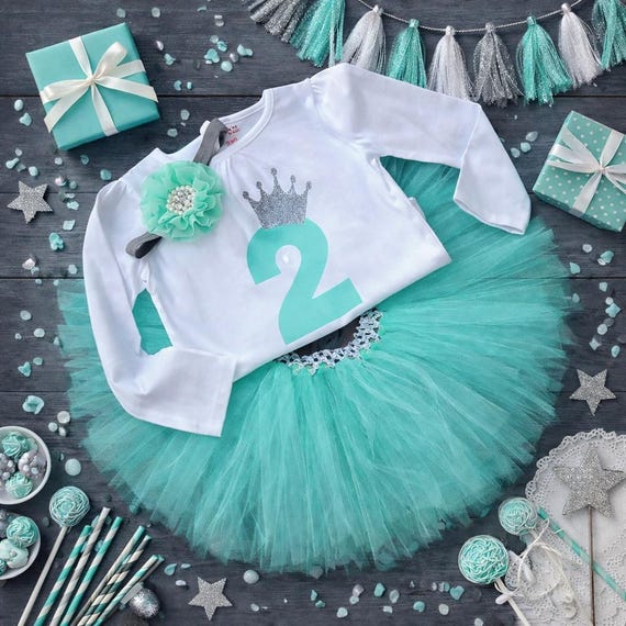 Turquoise 2nd Birthday Outfit Girl, Second Birthday Tutu Set, Princess Birthday Shirt & Tutu, Toddler Girl Birthday Outfit, Mint and Silver