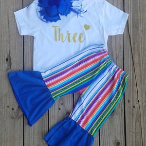 Three Year Old Birthday Outfit, Western Serape Bell Bottoms Flare Pants, Outdoor Barn Yard, Western Cowgirl Theme Wear, 3rd Bday Bell Jeans