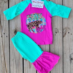 Livestock Showing Bell Bottoms Girl, Leopard and Pig Western Graphic Tee, Mint and Pink Bell Bottom Flare, County Livestock Showing Sale Pig