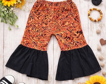 Pantalones acampanados bohemios negros / Pantalones boutique para niños / Conjunto retro para niños pequeños y jóvenes