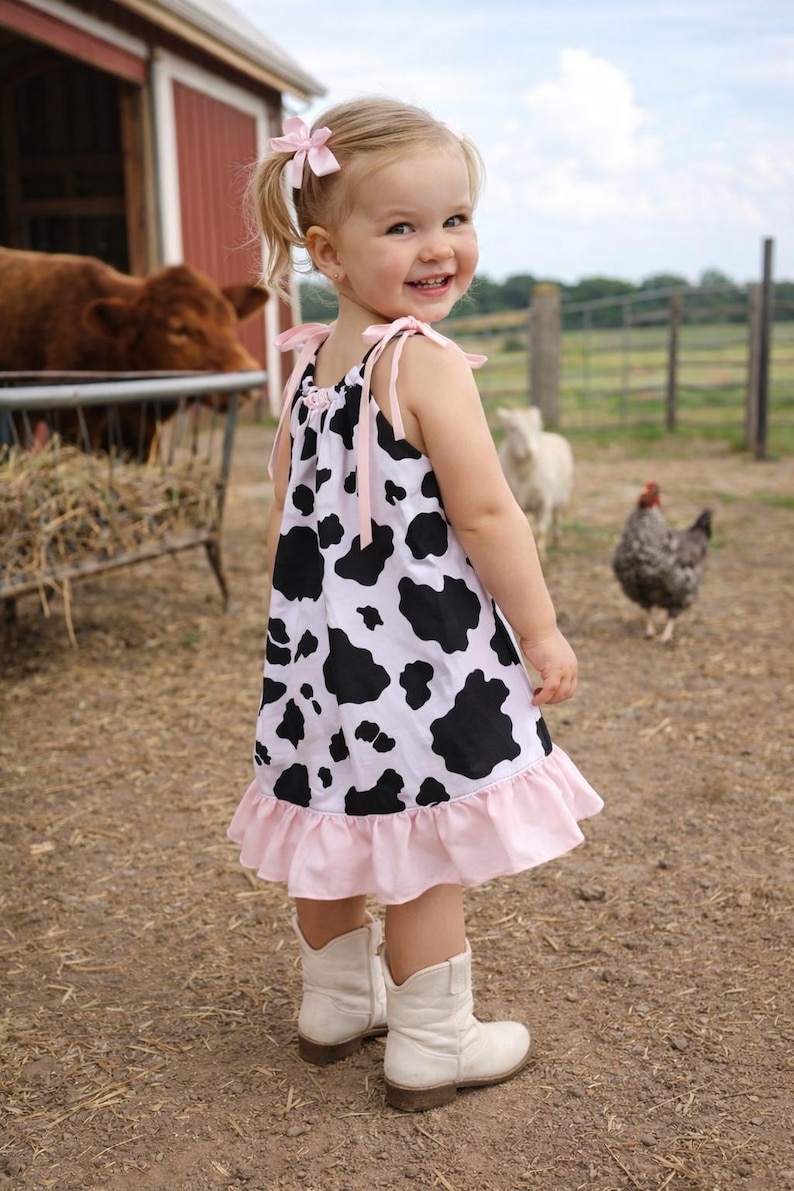 Toddler Cow Print Dress | Farm Birthday Outfit | Baby Girl Western Dress | Country Cowgirl Outfit | Farm Animal Dress image 2
