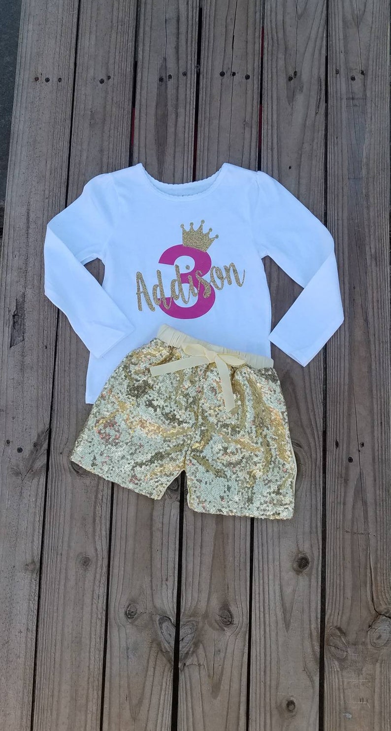 3 Year Old Girls Birthday Outfit, Third Birthday Party, Personalized Shirt, Pink and Gold Glittered Crown Top, Toddler Gold Sequin Shorts 