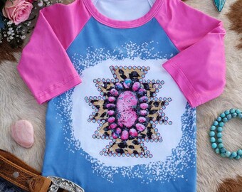 Camisa vaquera infantil rosa turquesa / Top vaquero con estampado de leopardo / Camiseta vaquera de boutique para niñas / Conjuntos vaqueros de rodeo