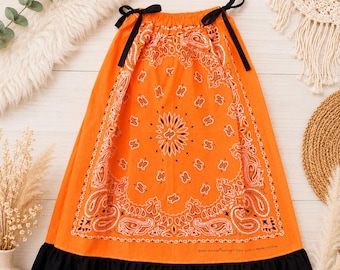 Neon Orange Bandana Pillowcase Dress for Girls, Western Cowgirl Dress, Boutique Ruffle Dress, Boho Toddler Sundress, Orange Paisley Outfit