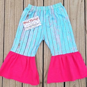 Baby Girls Bell Bottoms: Blue Woodgrain Print, Pink Flare Jeans