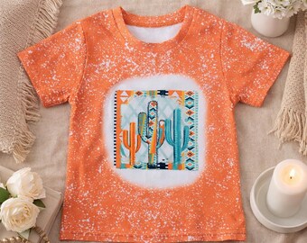 ボヘミアン風サボテンキッズシャツ | ウエスタンアステカ幼児用Tシャツ | オレンジの斑点模様のデザートシャツ | ブティック風南西部風キッズトップス | キュートなサボテン柄の衣装