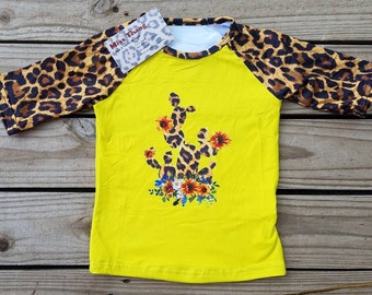 Cactus Leopard Shirt, Yellow Cactus Tee, Western Girls Clothing, Girl Graphic Tshirt, Rodeo Fiesta Boho, Western Cactus Toddler Country Baby