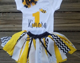 Bumble Bees First Birthday Girls Outfits, Fun to Bee 1, One Year Old Celebrations, Personalized Children, Shabby Chic Vintage Styles Fabric