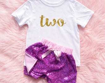 Two Year Old Birthday Girls Outfit, Dos 2nd Birthday Party, Second Bday Shirt, Light Pink Purple Glitter Shorts, Gold Glittered TWO Tee