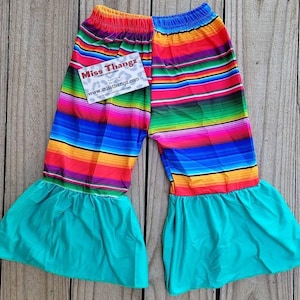 Hippie Fiesta Serape Western Baby Bell Bottoms, Striped Toddler Girls Clothing, Rodeo Country Flares, Kid Vintage Wear Clothes, Southwestern