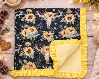 Sunflower Deer Baby Blanket, Western Floral Minky Blanket, Cozy Yellow Ruffle Baby Blanket, Rustic Boho Nursery, Baby Girl or Boy Gift