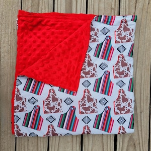 Western Baby Blanket: Serape, Cow Print, Red Minky Crib Throw