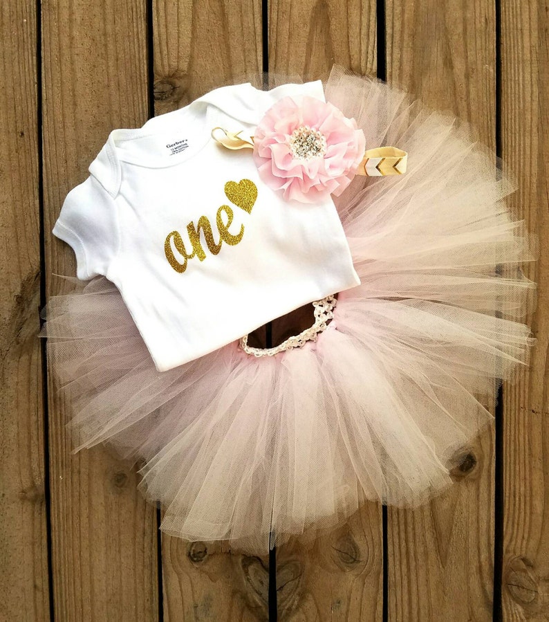 First Bday Party, ONE Year Old Girls Birthday Outfit, Light Pink and Gold Glittered Tutu Dress, Smash Cake Photo Props, Princess Themes 