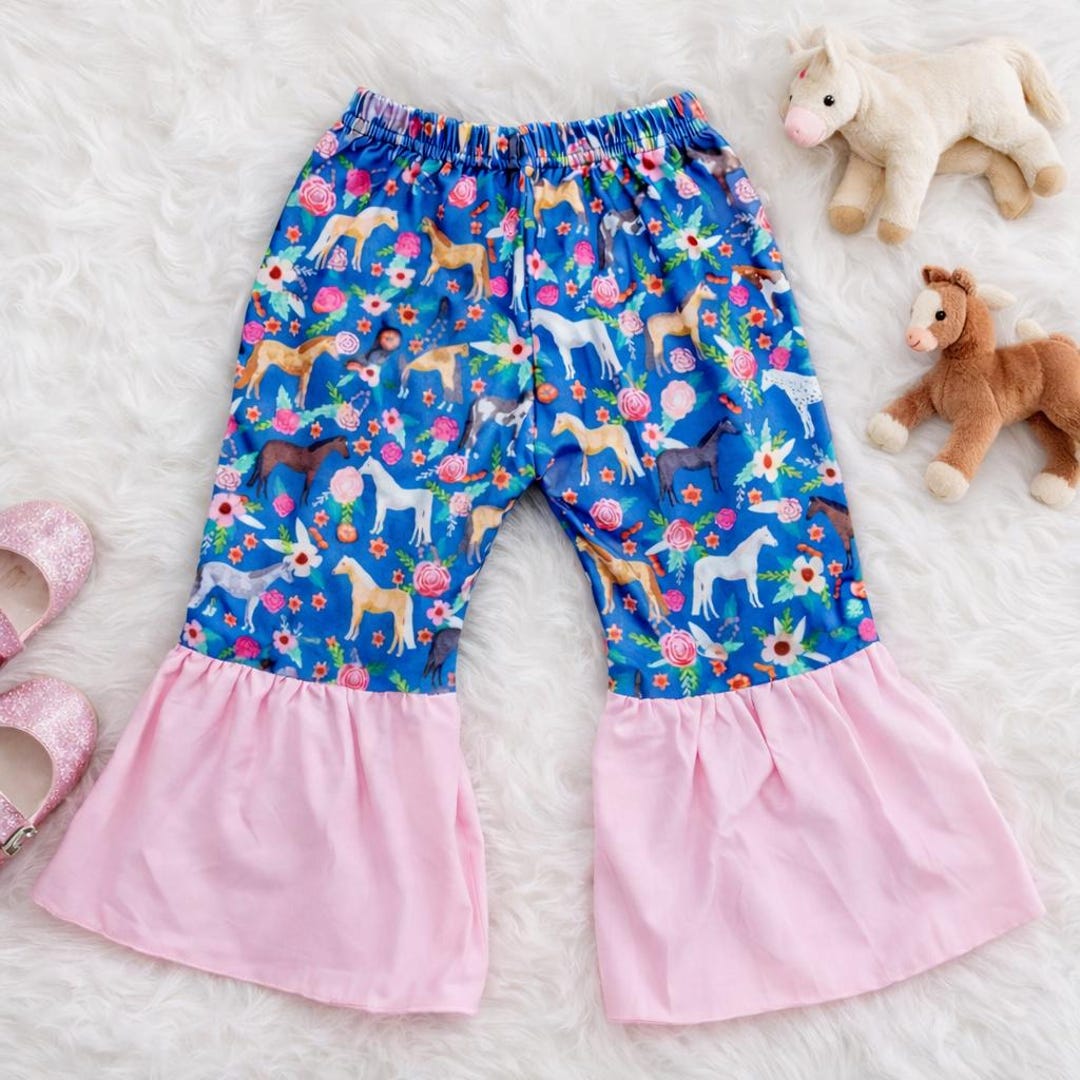 Girls Horse Bell Bottom Pants | Western Floral Ruffle Pants | Boutique ...