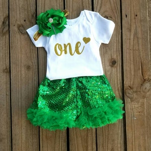 First Birthday Outfit, 1st Bday Party, Gold Heart Glittered Shirt, One Year Old Girls, Green Sequin Shorts, Toddler ONE Photo Shoots