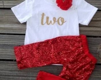 Two Year Old Birthday Girls Outfit, Dos 2nd Celebration Party, Seconds Bday Shirt, Red Glitter Sequin Pants, Gold Glittered TWO Tee and Bow