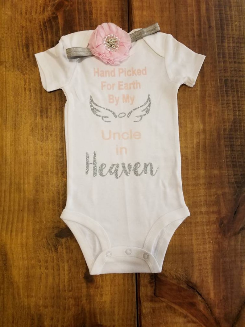 Hospital Coming Home Outfit Guardian Angel Wings Hand Picked For Earth by My Uncle In Heaven Pink and Silver Glitter Newborn Honor Set
