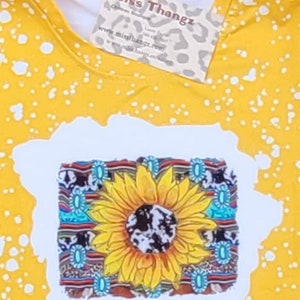 Western Cactus Girls Clothing, Country Cactus, Yellow Bleached Shirt, Sunflower and Cow Print, Western Girl Shirt, Bleached Yellow Cactus
