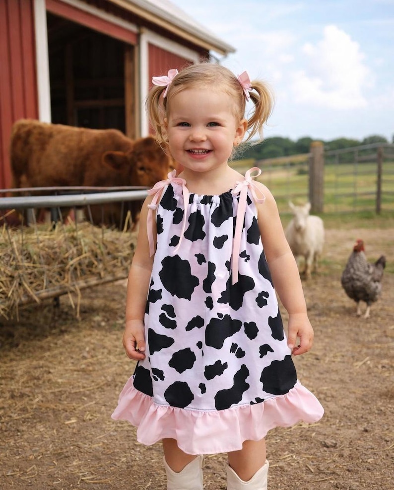 Toddler Cow Print Dress | Farm Birthday Outfit | Baby Girl Western Dress | Country Cowgirl Outfit | Farm Animal Dress image 1