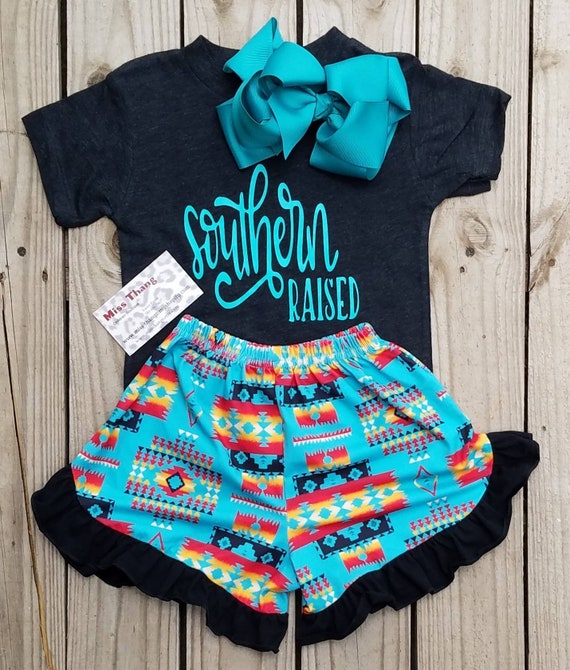 MissThangs Southern Raised, Girls Western Clothing, Baby Infant Girls Stuff, Southern Raised, Boho Aztec Mint Short, Western Cowgirl Wear, Rodeo Wear
