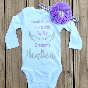 Hand Picked For Earth By My Grandma, Coming Home Outfit, Grandma in Heaven, Hand Picked Grandpa, Remember Grandma In Heaven Romper, New Baby