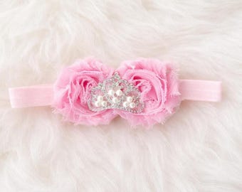 Pink Princess Baby Headband, Rhinestone Tiara Pearl Crown Headband, Shabby Chiffon Flower, Infant Girl, Birthday Cake Smash Photo Prop