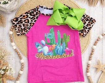 Girls Cactus Shirt | Pink Leopard Raglan Tee | Boutique Kids Top | Western Cactus Outfit | Girls Summer Shirt | Toddler Youth Tee