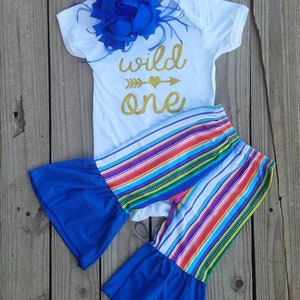 Mexican Taco Theme, Cinco De Mayo, Bell Bottoms Baby, Toddler Wild One Birthday, Western Rodeo Wear, Gold Glitter Serape Rainbow Print Flare