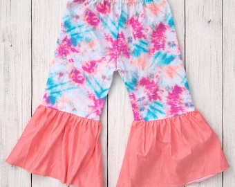 Girls Tie Dye Bell Bottom Pants | Toddler & Girls Ruffle Flare Pants | Boho Boutique Kids Pants