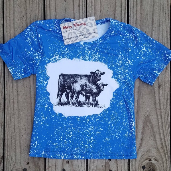 Western Toddler Ranch Wear, Kids Bleached Graphic Shirt, Boho Cow Print Girls Clothing, Gone Showing Cows, Stock Show Cow, Blue Bleached Tee