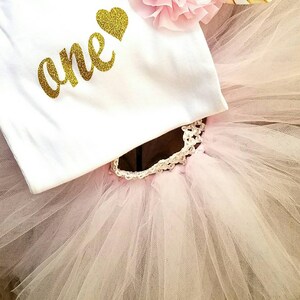 First Bday Party, ONE Year Old Girls Birthday Outfit, Light Pink and Gold Glittered Tutu Dress, Smash Cake Photo Props, Princess Themes image 3