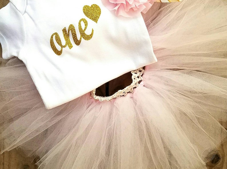 First Bday Party, ONE Year Old Girls Birthday Outfit, Light Pink and Gold Glittered Tutu Dress, Smash Cake Photo Props, Princess Themes image 3