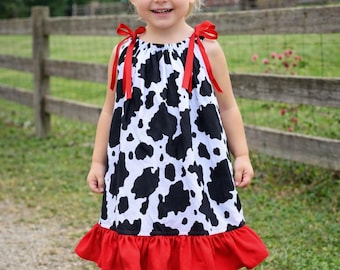 Cow Print Toddler Dress with Red Ruffle | Farm Birthday Outfit | Western Cowgirl Dress | Toddler Girl Boutique Dress | Country Cow Birthday
