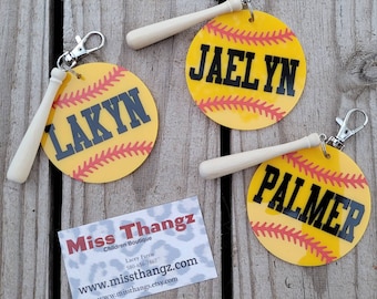 Softball Keychain With Name, Custom Sports Bag Tag, Softball Bag ID Tag, Soft Ball Name Tag, Softball and Bat Tag for Bags, Personalized Key