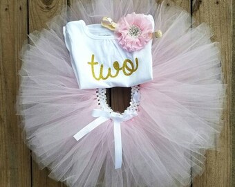 Two Year Old Girls Birthday Outfit, 2 Year Old Light Pink Tutu Dress, Second Party Dress, TWO Gold Glittered Top, Outdoor Party Wear Theme