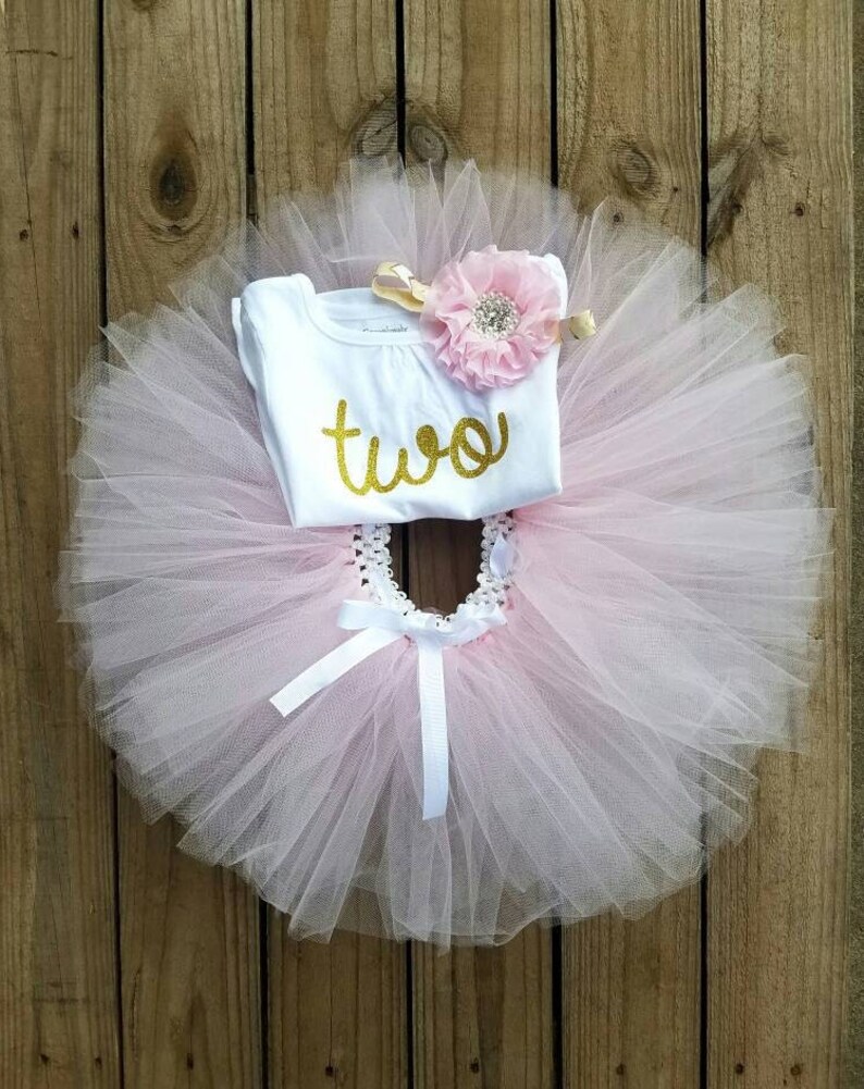 Two Year Old Girls Birthday Outfit, 2 Year Old Light Pink Tutu Dress, Second Party Dress, TWO Gold Glittered Top, Outdoor Party Wear Theme image 1