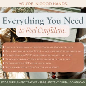 K&ouml;nnte beinhalten: Ein digitaler PCOS-Erg&auml;nzungsmittel-Tracker mit dem Text "Everything You Need to Feel Confident." Das Bild enth&auml;lt Aufz&auml;hlungspunkte, die Funktionen wie Sofort-Download, Symptomverfolgung und druckfreundliche Anleitungen hervorheben.