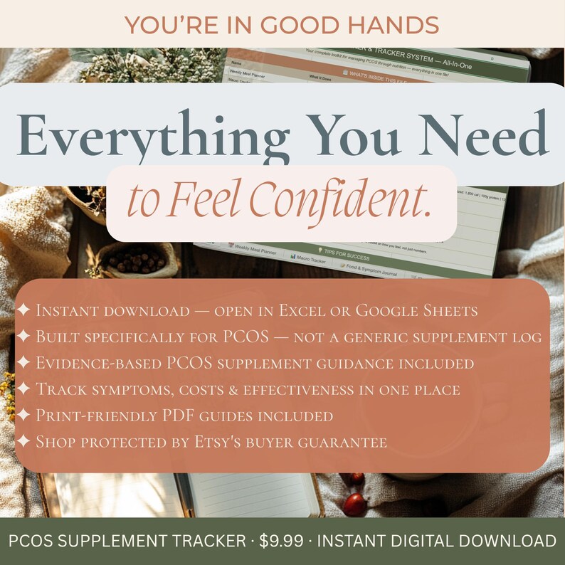 K&ouml;nnte beinhalten: Ein digitaler PCOS-Erg&auml;nzungsmittel-Tracker mit dem Text "Everything You Need to Feel Confident." Das Bild enth&auml;lt Aufz&auml;hlungspunkte, die Funktionen wie Sofort-Download, Symptomverfolgung und druckfreundliche Anleitungen hervorheben.