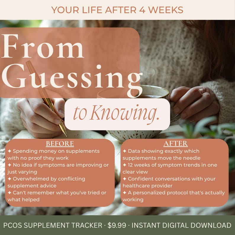 K&ouml;nnte beinhalten: Werbebild f&uuml;r einen PCOS-Erg&auml;nzungsmittel-Tracker mit dem Text "From Guessing to Knowing". Die Grafik zeigt die Vorteile des Trackers, wie z. B. die Verfolgung der Wirksamkeit von Nahrungserg&auml;nzungsmitteln und der Symptomtrends.