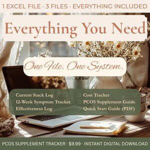 K&ouml;nnte beinhalten: Digitaler PCOS-Erg&auml;nzungsmittel-Tracker mit dem Text "Everything You Need" und "One File. One System." Das Bild enth&auml;lt einen Laptop, ein Notizbuch und eine Tasse. Zu den Funktionen geh&ouml;ren ein aktuelles Stack-Protokoll, ein Kosten-Tracker und eine Schnellstartanleitung.