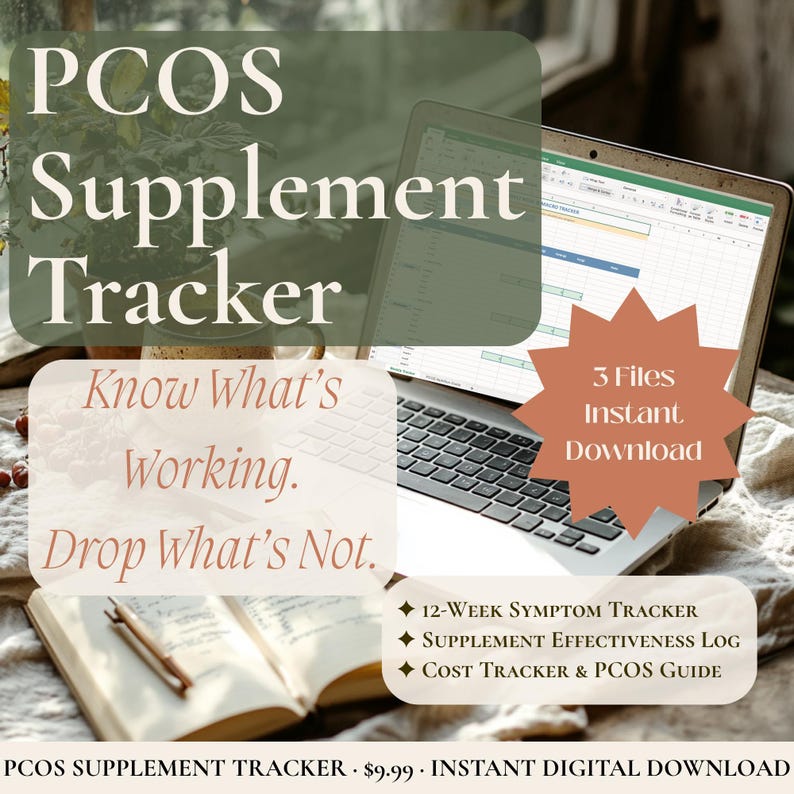K&ouml;nnte beinhalten: Ein digitaler PCOS-Supplement-Tracker mit dem Text "PCOS Supplement Tracker" und "Know What's Working. Drop What's Not." Ein Laptop zeigt eine Tabelle an. Enth&auml;lt einen 12-Wochen-Symptom-Tracker, ein Supplement-Effektivit&auml;ts-Protokoll und einen Kosten-Tracker.