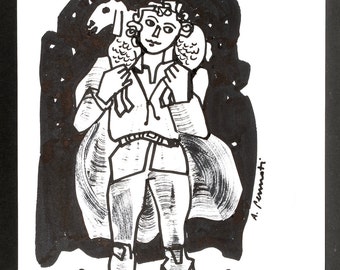 The shepherd with a sheep on his shoulders - N.22 drawing of my personal Advent calendar - ink on paper