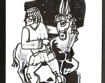 Shepherd with donkey - N.4 drawing of my personal Advent calendar - ink on paper