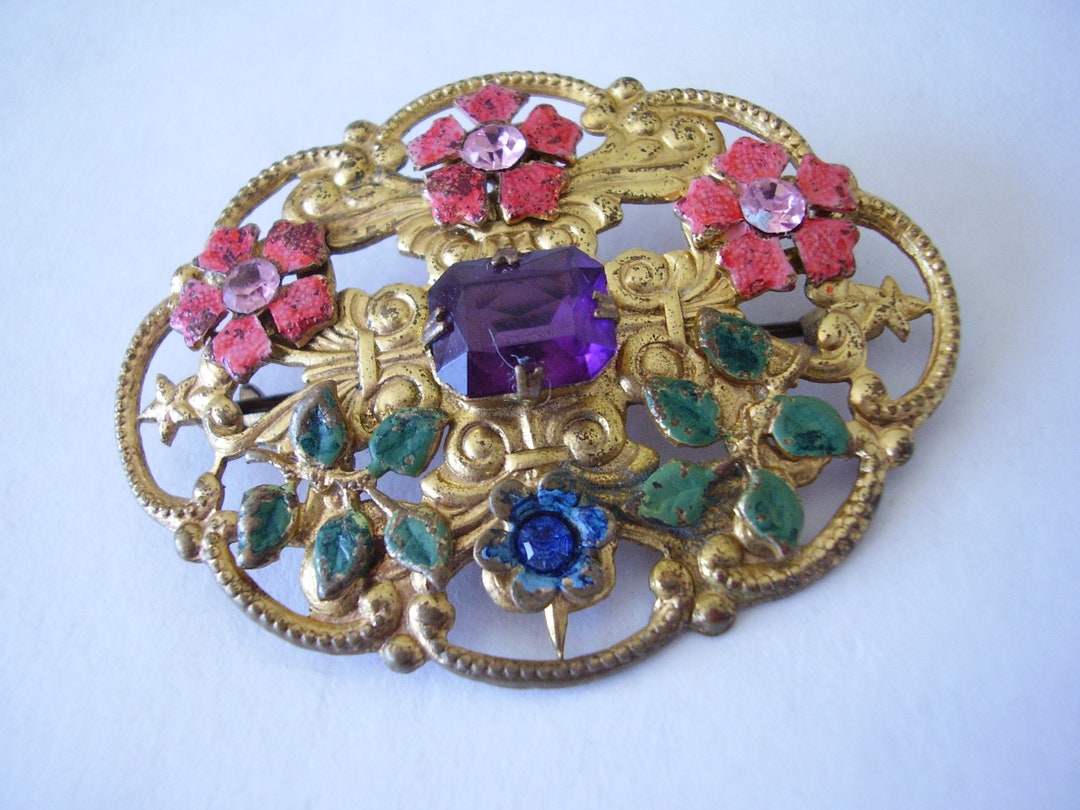 Brooch Large Czech Filigree Enamel Purple Faceted Clawset Etsy Sweden