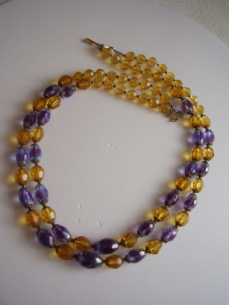 Necklace Bohemian Bi Colour 2 Tone Purple and Violet Czech Glass with Amber Faceted Crystal Vintage Beads 2 Strand Chains