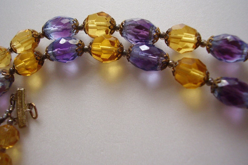 Necklace Bohemian Bi Colour 2 Tone Purple and Violet Czech Glass with Amber Faceted Crystal Vintage Beads 2 Strand Chains