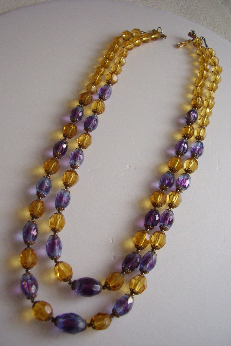 Necklace Bohemian Bi Colour 2 Tone Purple and Violet Czech Glass with Amber Faceted Crystal Vintage Beads 2 Strand Chains